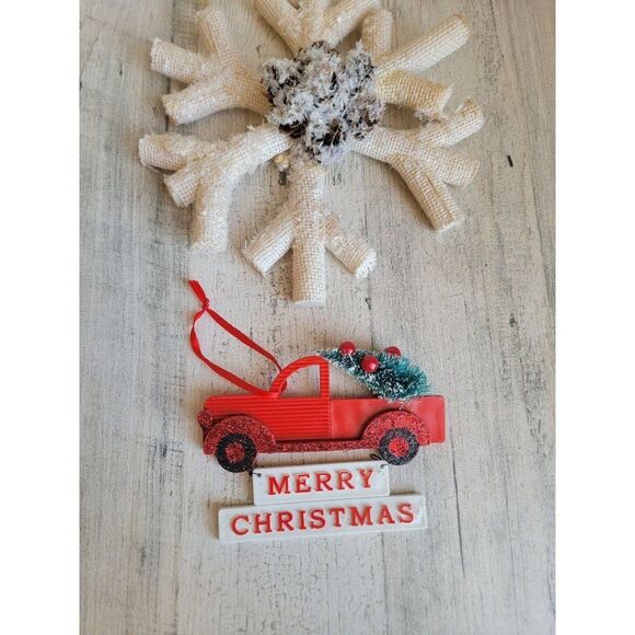 Rustic snowflake pine cone red truck tree set ornament Xmas - Picture 2 of 7
